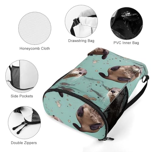 Drawstring Gym Backpack with Shoe Compartment And Wet Pocket, 28L Lightweight Waterproof Otters Sports Backpack for Workout Swim Beach Travel String Bag for Men Women