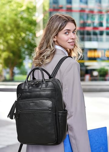 Shrrie Laptop Backpack for Women 15.6 inch Travel Leather Backpack Purse Work Computer Backpacks for Business College Black - color: Black
