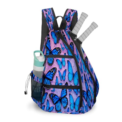 Pickleball Bag for Women & Men – Lightweight Sports Backpack with Paddle Compartments, Dual Carry Modes, Detachable Zippered Strap, Brown Leopard, Great Gift Option for Players - color: Blue Butterflies