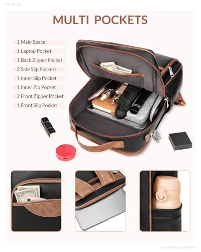 SYTRAH Leather Laptop Backpack, 15.6 Inch Business Computer Bag, Designer College Backpack Travel Backpack with Colorful Shoulder Bag Strap Black Brown - color: Black Brown