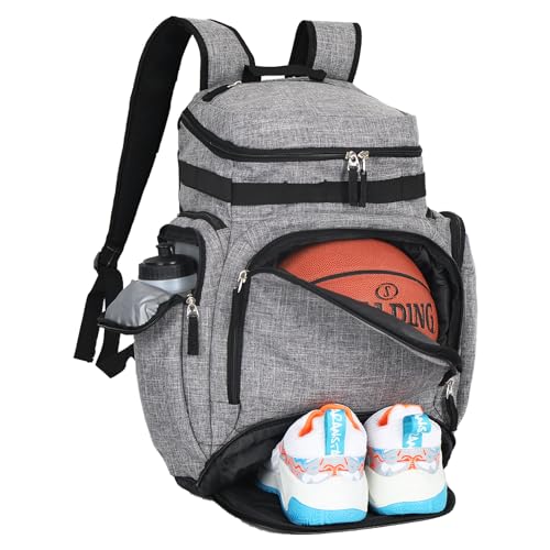 Goloni Basketball Backpack,Large Sports Bag with Ball Compartment & Shoe Compartment, Best for Basketball, Soccer - color: Grey