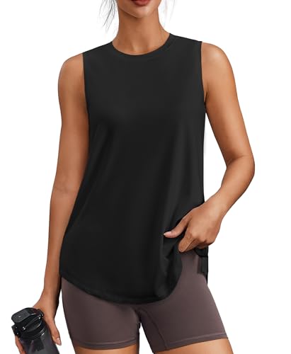 PINSPARK Workout Tops for Women Sleeveless Athletic Tank Tops UPF 50+ Running Tanks with Side Slits Loose Fit Gym Yoga Shirt - color: Black, size: 3X-Large