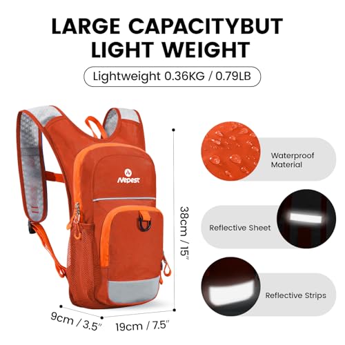 Nepest Kids Hydration Backpack, Mini Water Backpack with 1.5L Water Bladder for Hiking Cycling Running - color: Orange