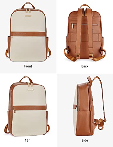 BOSTANTEN Genuine Leather 15.6 inch Laptop Backpack Purse for Women College Casual Backpack Travel Bag - color: 1-d-beige With Brown
