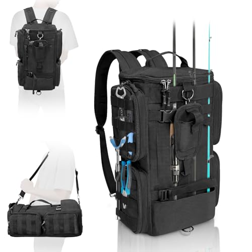 LIWSHWZ Fishing Tackle Backpack with Rod Holders,20L Lightweight Fishing Bag Storage Tackle Box Backpack for 3600 or 3700 Trays,Water Resistant Tackle Bag with Four Pockets (8.66” x 5.90” x17.52”) - size: 8.66" x 5.90" x 17.52"