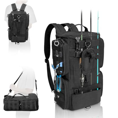 LIWSHWZ Fishing Tackle Backpack with Rod Holders,20L Lightweight Fishing Bag Storage Tackle Box Backpack for 3600 or 3700 Trays,Water Resistant Tackle Bag with Four Pockets (8.66” x 5.90” x17.52”) - size: 8.66" x 5.90" x 17.52"