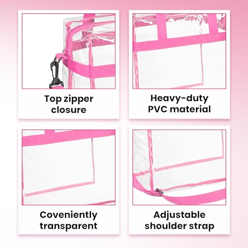 Handy Laundry Clear Bag 12x6x12 Stadium Approved - Transparent Tote Zippered Top & Shoulder Straps for Work, Sports, Concerts - color: Pink