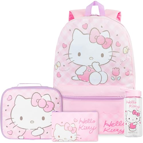 Get Trend Hello Kitty Girls Backpack, Lunch Bag, Pencil Case, Water Bottle | Sanrio 4 Pc Set, 18in Bookbag, Insulated Lunch Bag, Pencil Pouch & 16.9 fl oz BPA-Free Water Bottle, School, Gifts for Girls - color: Pink Hello Kitty
