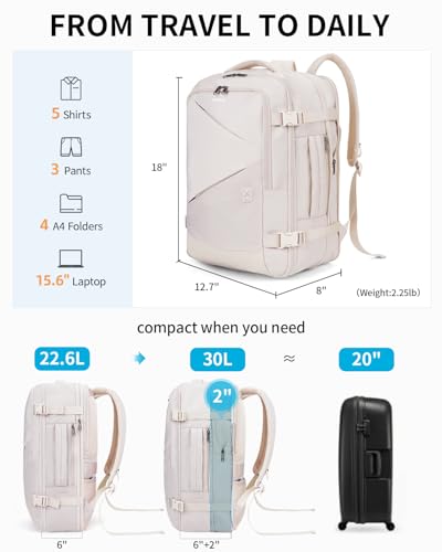 ECOHUB Carry On Travel Backpack, Expandable Airlines Personal Item Bag 18x14x8, Water Resistant 17 inch Laptop Backpack Flight Approved, 12 Pockets 30L Work Backpacks with Wet Pocket & Cable Slot - color: White, size: 18 inch underseat