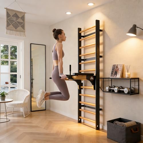 Swedish Ladder Pro, Wood Stall Bar with Push-Through Bar, Adjustable Pull-Up Dip Bar for Adults and Kids, Accessories Bundle, Spring, for Home, School, Physical Therapy and Gymnastics - size: 40"x90“x3"