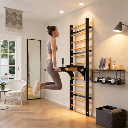 Swedish Ladder Pro, Wood Stall Bar with Push-Through Bar, Adjustable Pull-Up Dip Bar for Adults and Kids, Accessories Bundle, Spring, for Home, School, Physical Therapy and Gymnastics - size: 40"x90“x3"