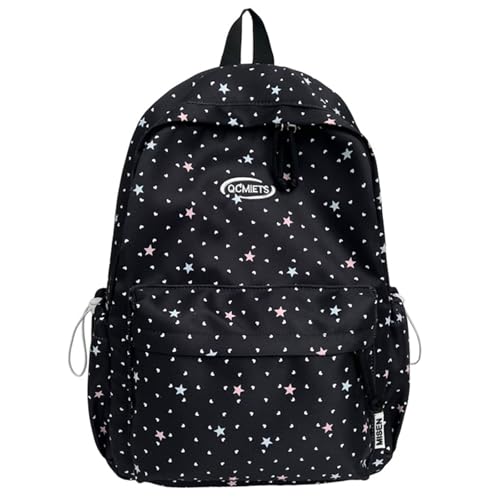 Cute Aesthetic Backpack Y2K Simple Heart Star Print Kawaii Backpacks Travel Laptop Rucksack Backpack for Women (Black) - color: Black