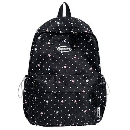 Cute Aesthetic Backpack Y2K Simple Heart Star Print Kawaii Backpacks Travel Laptop Rucksack Backpack for Women (Black) - color: Black
