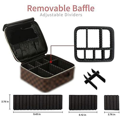 Makeup Bag,4 Pcs Brown Checkered Bags Set,Portable with Adjustable Partition,Large Capacity Pouch for Travel Cosmetic Organizer, Coin Purse, Brushes Bag,Toiletries,Waterproof,Designer for Gift