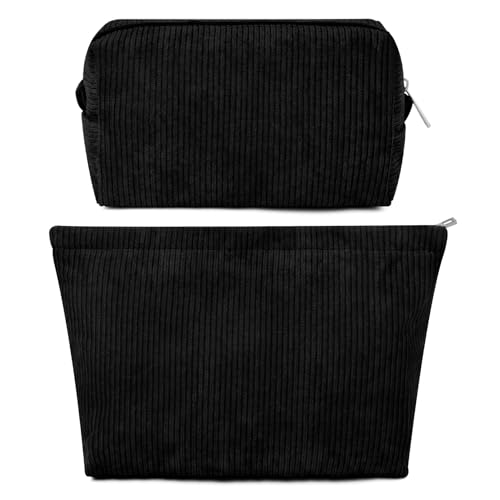 SOIDRAM 2 Pcs Corduroy Makeup Bag Large Cosmetic Bag Toiletry Bag Makeup Pouch Travel Bag Organizer Cute Makeup Brushes Aesthetic Accessories Storage Bag for Women Black - color: Corduroy Black
