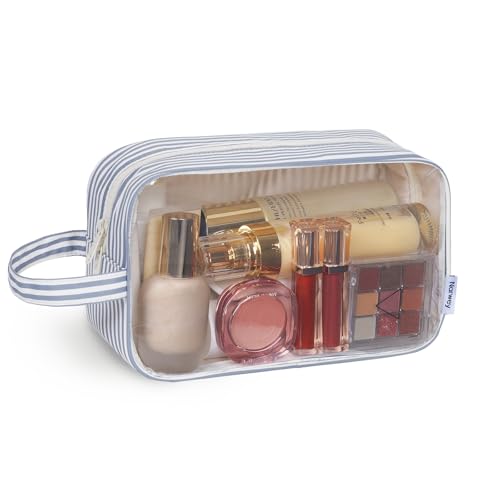 Narwey Clear Toiletry Bags for Traveling Women Men, Clear Travel Bags for Toiletries Makeup Bag Cosmetic Bag with Zipper, Make Up Organizer, Skincare Bag (Greyish Blue Stripe) - color: YB-Greyish Blue Stripe