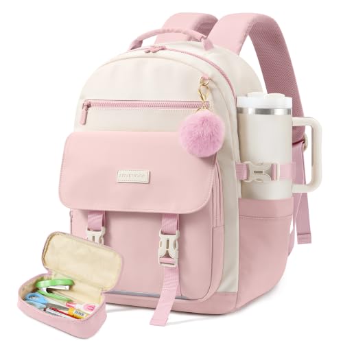 LOVEVOOK School Backpack for Teen Girls, 14-18 Casual Large Capacity Student Laptop Backpack with Pencil Case, 15.6 Inch Bookbag for College, Middle & High School, Gift for Girls - color: Pink and White, size: 15.6 inche- 2Pcs