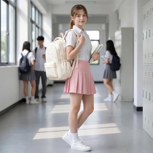 School Backpack for Teen Girls Cute Bookbag for High Middle School College Aesthetic Laptop Back Pack,Beige Bow - color: Bowknot