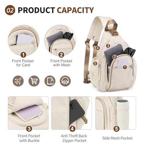 Crossbody Sling Bag with Water Bottle Holder, 8.3" Convertible Small Backpack Anti Theft Daypack, Chest Fanny Pack for Men Women, Beige - color: Beige