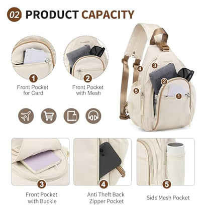 Crossbody Sling Bag with Water Bottle Holder, 8.3" Convertible Small Backpack Anti Theft Daypack, Chest Fanny Pack for Men Women, Beige - color: Beige