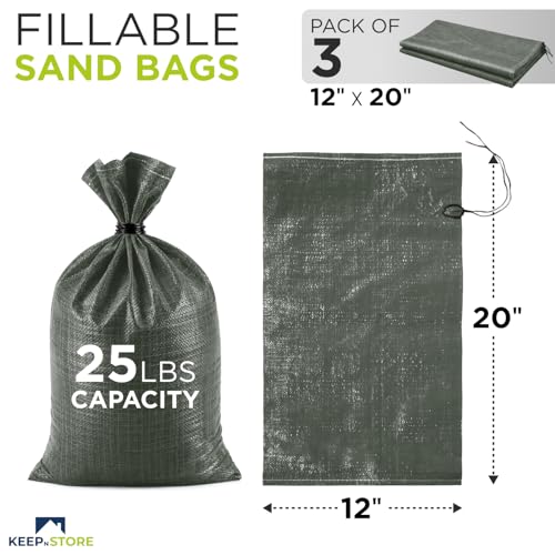 Heavy Duty Sand Bags Pack of 3, Army Green Empty Sandbags with Built-In Ties, Woven Polypropylene UV Protection 1600 Hours, Fillable Bags for Flood Control, Weight, 12x20 inches, 25 Pounds Volume - size: 12"W x 20"L, style: Pack of 3