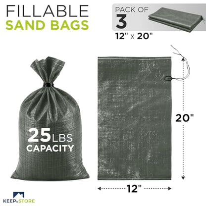 Heavy Duty Sand Bags Pack of 3, Army Green Empty Sandbags with Built-In Ties, Woven Polypropylene UV Protection 1600 Hours, Fillable Bags for Flood Control, Weight, 12x20 inches, 25 Pounds Volume - size: 12"W x 20"L, style: Pack of 3