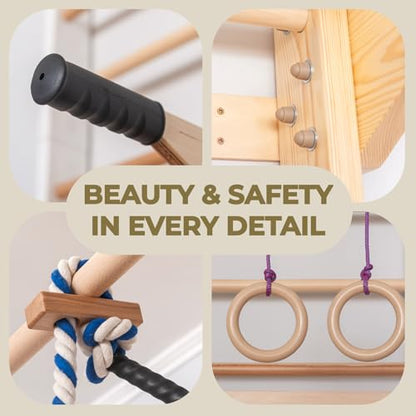 Swedish Ladder Wall Bars with Pull-Up Bar, Dip Station & Accessories for Kids and Adults – Wooden Stall Bars Home Gym with Gymnastic Rings, Rope, Swing & Climbing Ladder