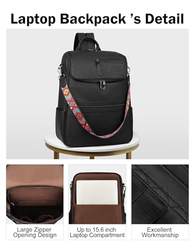 FADEON Laptop Backpack for Women Leather Travel Backpack with Laptop Compartment, Designer PU Shoulder Laptop Bag Black - color: Black Retro Style