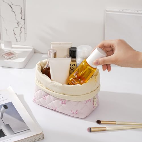 Cotton Quilted Drawstring Makeup Bag with Canvas Lining,Coquette Aesthetic Cute Travel Toiletry Bag,Drawstring Gift Bag for Women and Girls（12White Small Bow） - color: 12White Small Bow