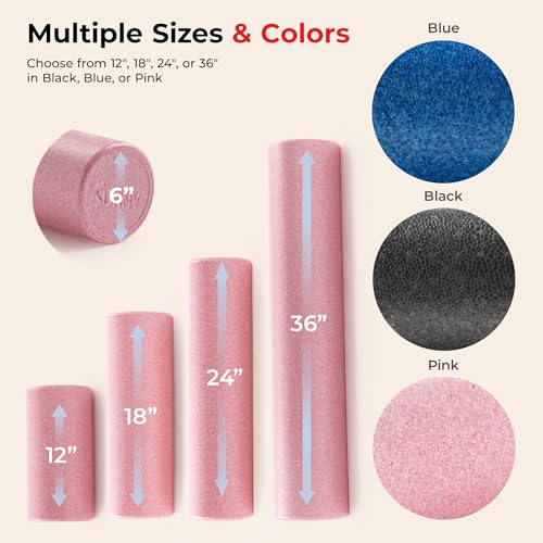 Sunny Health & Fitness High-Density Foam Roller 12" to 36", for Stretching & Muscle Recovery – Black, Blue, Pink - color: Pink, size: 18-Inch