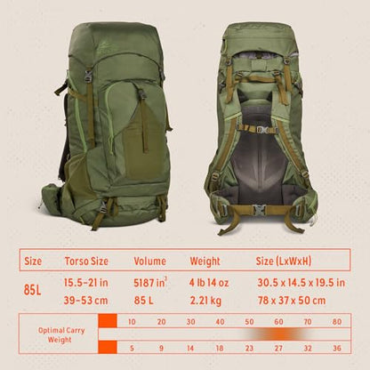 Kelty Asher Backpack, Daypack to Multi-Day Backpacking Capacity, Hiking, Lightweight Travel Pack, Internal Frame (85L Winter Moss) - color: Winter Moss/Dill, size: 85L