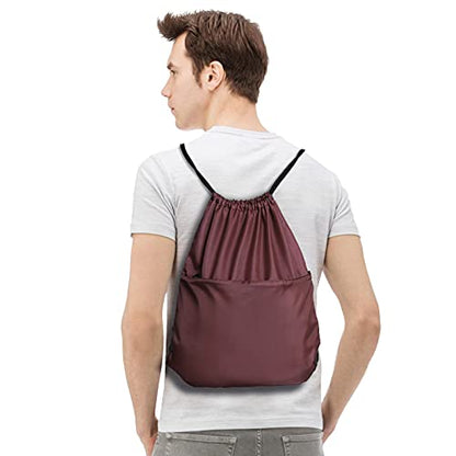 Drawstring Backpack Sports Water Resistant String Bag Sport Gym Sackpack for Women Men Large with Zipper, Burgundy - color: Burgundy