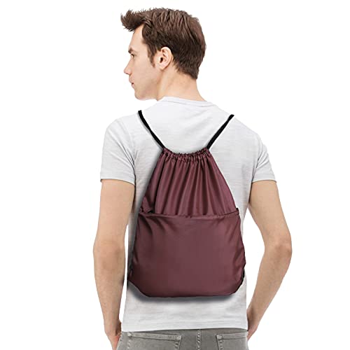 Drawstring Backpack Sports Water Resistant String Bag Sport Gym Sackpack for Women Men Large with Zipper, Burgundy - color: Burgundy