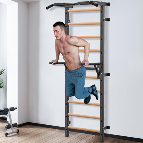Kipika Gymnastic Stall Bar - 2"x2" Swedish Ladder with 1" Hole, Wall Mounted Pull-up Bar Ladder Suspension Trainer, Solid Wood Grips Gymnastics Training Bar for Home, Wall Gym, School - color: B - Dip Bar Attachment for Swedish Ladder
