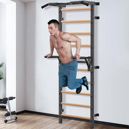 Kipika Gymnastic Stall Bar - 2"x2" Swedish Ladder with 1" Hole, Wall Mounted Pull-up Bar Ladder Suspension Trainer, Solid Wood Grips Gymnastics Training Bar for Home, Wall Gym, School - color: B - Dip Bar Attachment for Swedish Ladder