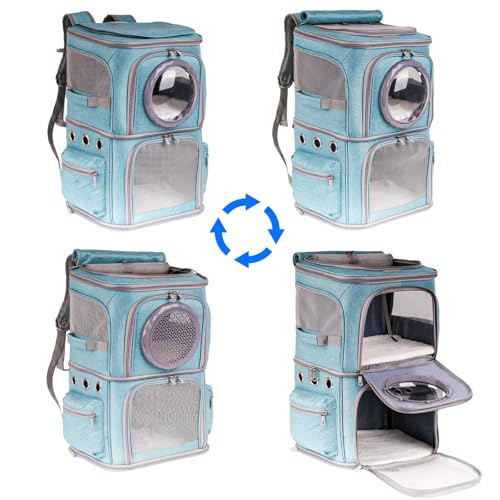 2-in-1 Pet Carrier Backpack for Two Cats or One Dog, Green Double-Layer 2 Compartment Carry Bag to Transport Small Animals Traveling and Hiking, Space Capsule Clear Bubble Dome - color: Green