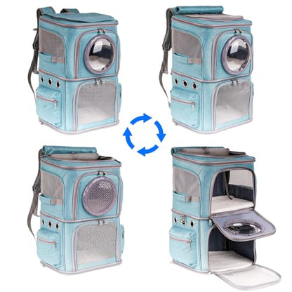 2-in-1 Pet Carrier Backpack for Two Cats or One Dog, Green Double-Layer 2 Compartment Carry Bag to Transport Small Animals Traveling and Hiking, Space Capsule Clear Bubble Dome - color: Green