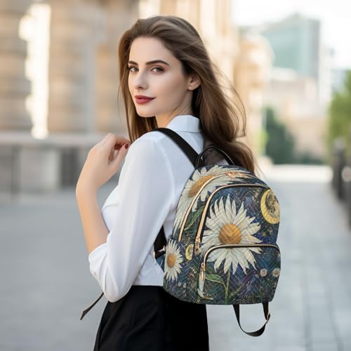 SUABO Daisy Flower Moon Backpack Purse Ladies Rucksack Travel Shoulder Bag Casual Daily Backpack - color: Daisy Flower Moon, size: Small