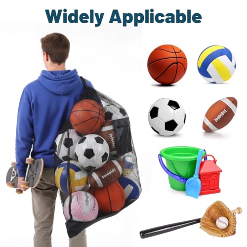 Extra Large Sports Ball Bag 3 Pcs Duty Net Mesh Soccer Ball Basketball 40*30 Heavy Duty Drawstring Bags with Pocket Team Work, Adjustable Shoulder Strap for Holding Volleyball, Baseball, Swimming Gear