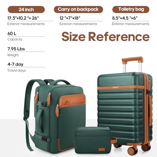 UKEIN Luggage Sets 3 Piece, PC Hardside Large Luggage 24 Inch With Spinner Wheels with TSA Lock, Carry On Suitcase Set With Travel Backpack for Men (Green, 3 piece set (24inch)) - color: Green, size: 3 piece set (24inch)