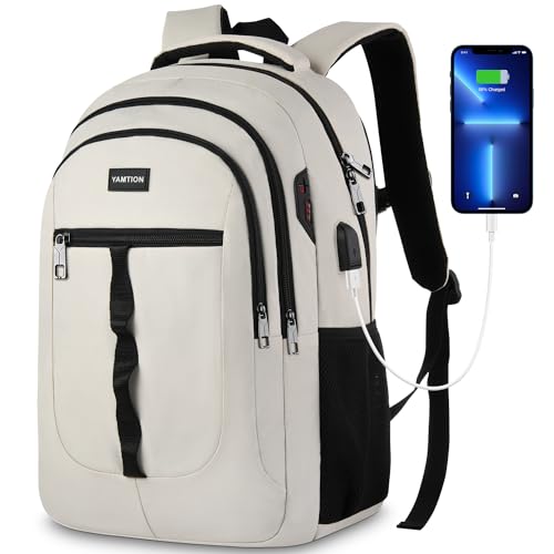 YAMTION 17.3 Inch School Book Bag for Teen Girls and Boys Unisex Laptop Bookbag Backpack with USB for High School College Students - color: Beige, size: 17.3 inch