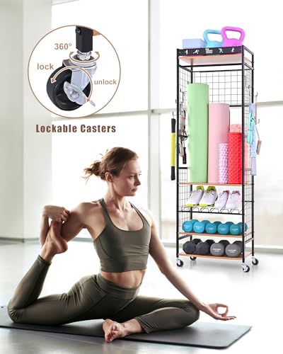 Mythinglogic Weight Rack for Dumbbells, Home Gym Storage for Yoga Mat Dumbbells Kettlebells and Strength Training Equipment, Dumbbell Rack with Wheels and Hanging Hooks - color: Black+Brown