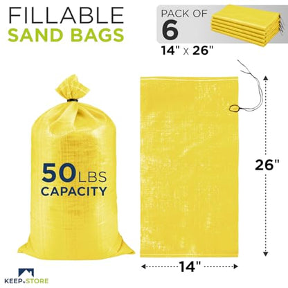 Heavy Duty Sand Bags Pack of 6, Bright Yellow Empty Sandbags with Built-In Ties, Woven Polypropylene UV Protection 1600 Hours, Fillable Bags for Flood Control, Weight, 14x26 inches, 50 Pounds Volume - size: 14"W x 26"L, style: Pack of 6