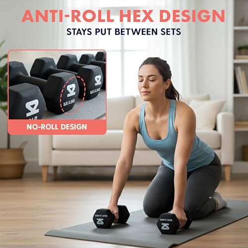 SQUATZ Dumbbell Weights Set with Stand, 32lbs Neoprene Coated Weights in Color Gray, Black, and Orange, Hex Shape Anti Slip and Roll Dumbbells for Exercise, Training, Fitness, Yoga - color: Black
