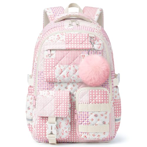 Quilted Backpack for Teen Girls,Cute Pink Patchwork School Backpack with Multi-Pocket Design,Lightweight Cotton Bookbag Fits 15.6" Laptop,Large Capacity Aesthetic Backpack with Plush Charm - color: Pink Patchwork