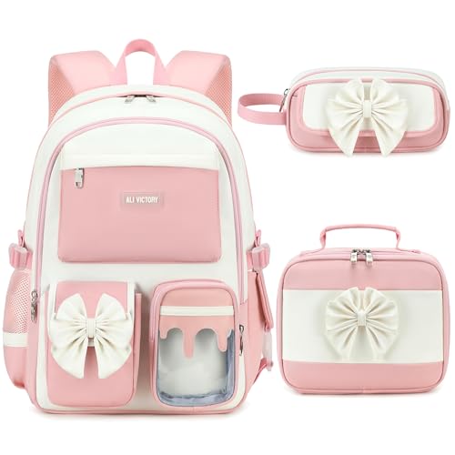 School Backpack for Girls 3PCS Nylon Kids Backpack Set with Lunch Box & Pencil Pouch, Cute Lightweight Teen Girls School Bag Laptop Bag Travel Daypack for Elementary Middle High School Beige Pink - color: Pink