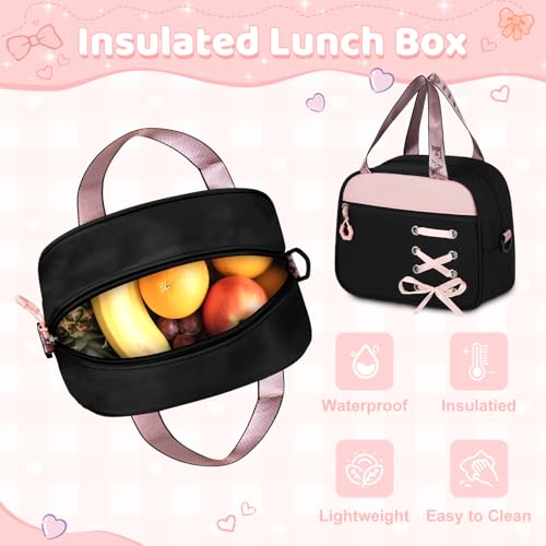 Girls Backpack with Lunch Box, 5pc Cute Pink/Black Bookbag for Kids Teen, Kawaii Aesthetic Elementary School Backpack - color: Pink Black