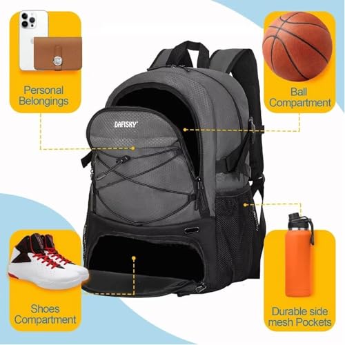 DAFISKY Basketball Backpack, Basketball Bag with Ball Holder Shoes Compartment, Sports Equipment Bag for Soccer Ball, Volleyball - color: Grey