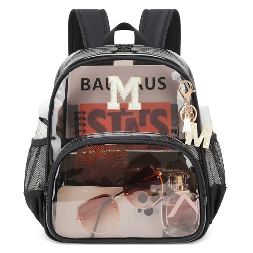 PIG PIG GIRL Clear Backpacks for Stadium Events Approved 12×6×12 Clear Bookbag for Women Mini Transparent Letter Back Pack, Semi-black, Letter-M - color: Semi Black, style: M