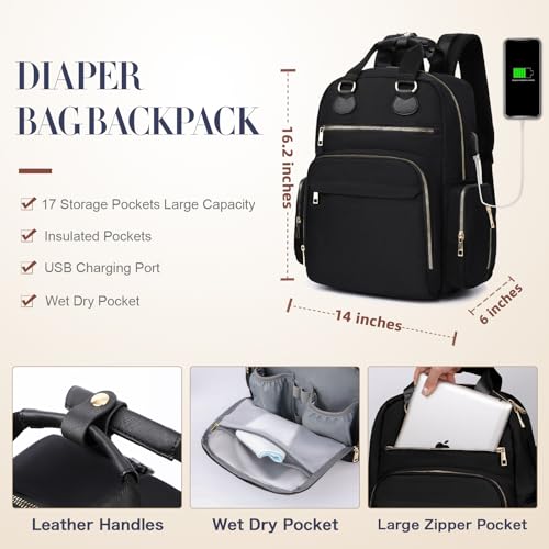 Diaper Bag Backpack Travel Baby Bag with Changing Pad,17 Pockets,Insulated Pockets,USB Charging Port,Baby Shower Essentials,Black - color: Black